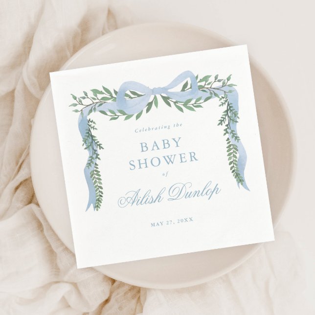 Guardanapo De Papel Elegante Arco Azul com Chá de fraldas Greenery Boy (Elegant blue bow greenery baby shower napkins.
)