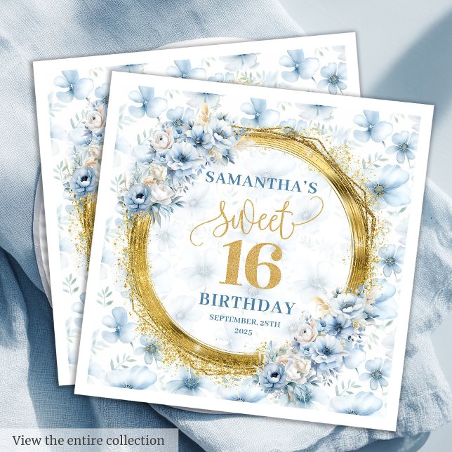 Guardanapo De Papel Elegante Azul Dourado Doce Sessenta Napkins (Elegant Dusty Blue Gold Sweet Sixteen Napkins)