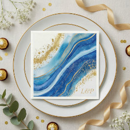 Guardanapo De Papel Elegante Azul e Dourada cor d'água Monograma Napki