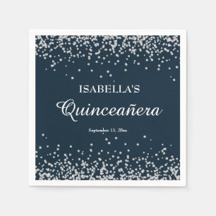 Guardanapo De Papel Elegante Azul Marinho com Brilho Prata Quinceanera