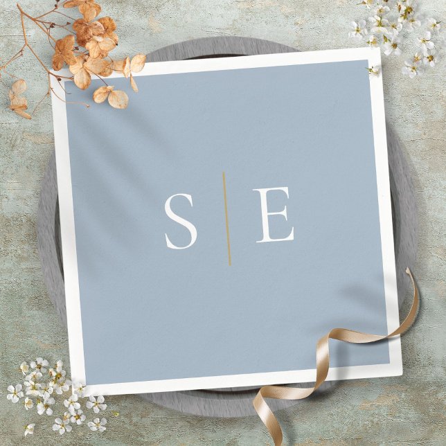 Guardanapo De Papel Elegante Azul Poeirento E Monograma Dourado Minima (Elegant Dusty Blue And Gold Monogram Minimalist Napkins)