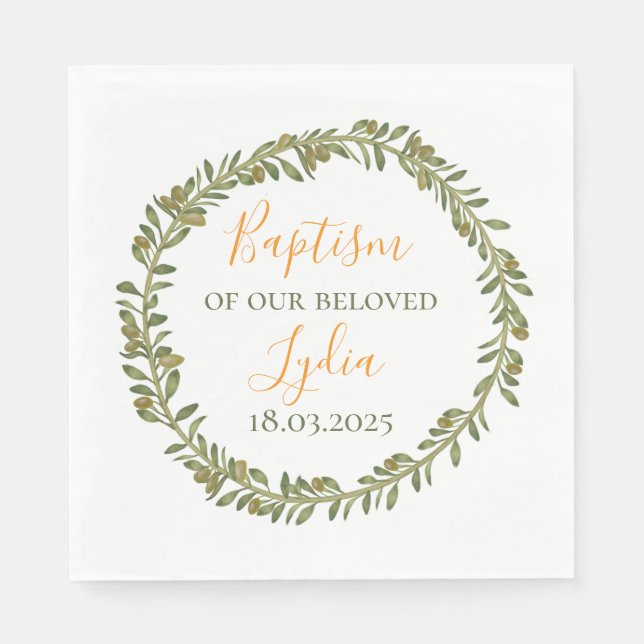 Guardanapo De Papel Elegante Baptism Napkins - Olive Wreath Design (Frente)