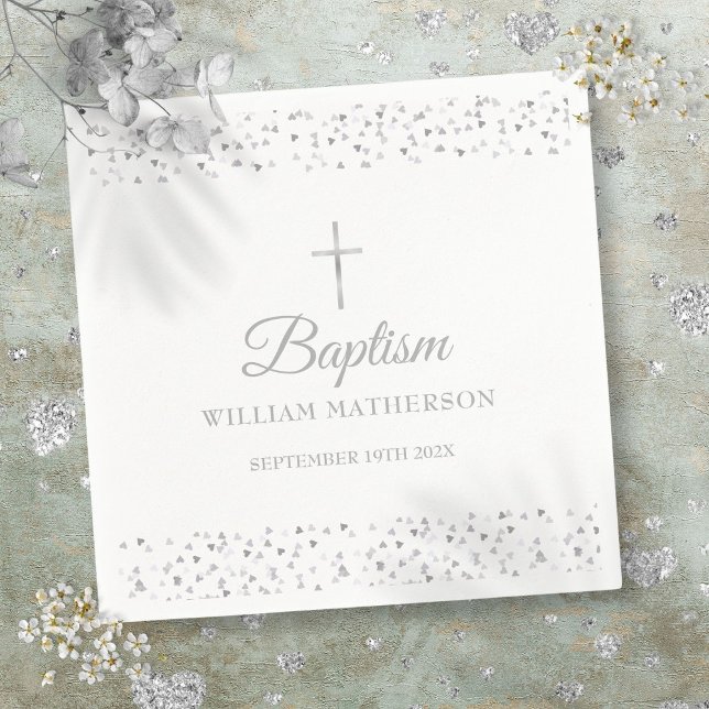 Guardanapo De Papel Elegante Batismo Cristão Corações de Prata (Elegant Baptism Christening Silver Hearts Napkins)
