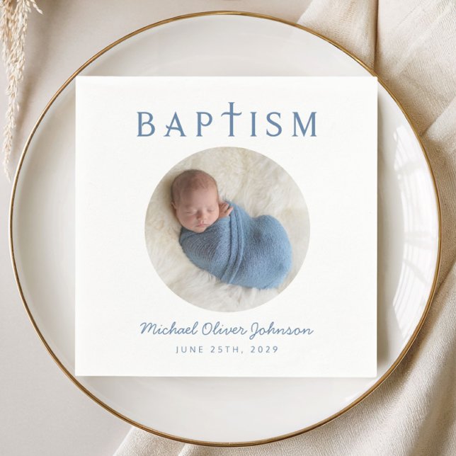 Guardanapo De Papel Elegante Batismo de Foto em Azul Script (Elegant Blue Script Photo Baptism Napkins)