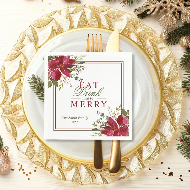 Guardanapo De Papel Elegante Bebe Feliz Natal Poinsettias Vermelhas (Elegant Eat Drink Merry Christmas Red Poinsettias Napkins)