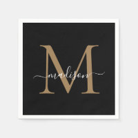 Elegante Black Dourado Monograma Girly Script Birt
