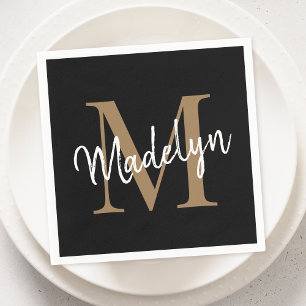 Guardanapo De Papel Elegante Black Dourado Monograma Girly Script Birt
