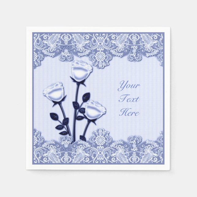 Guardanapo De Papel Elegante Blue Satin Rosas e Lace Napkins (Frente)