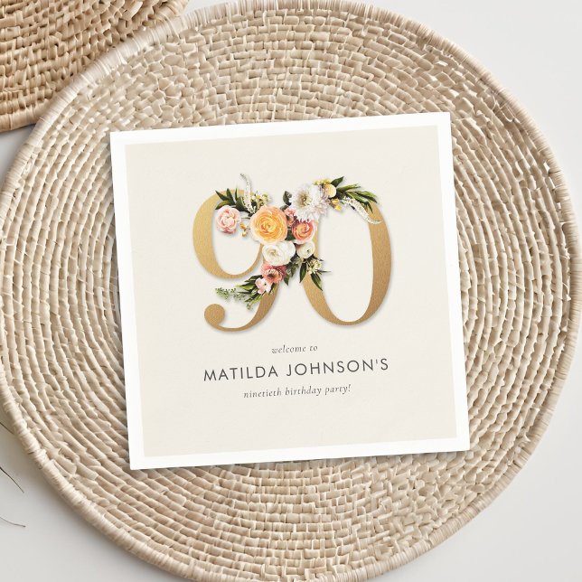 Guardanapo De Papel Elegante Boho Floral Gold Foil 90 Birthday (Elegant Boho Floral Gold Foil 90th Birthday Napkins)