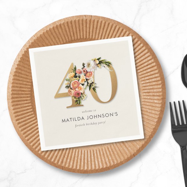 Guardanapo De Papel Elegante Boho Floral Gold Foil aniversário de 40 a (Criador carregado)