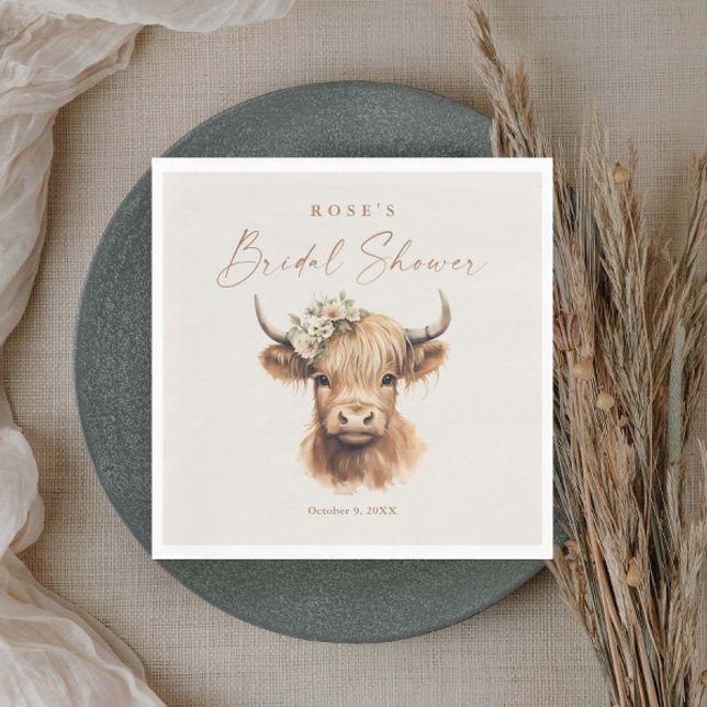 Guardanapo De Papel Elegante Boho Highland Cow Chá de Noiva (Elegant boho highland cow bridal shower napkins.)