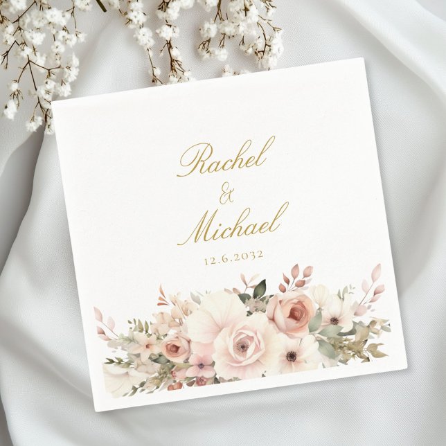 Guardanapo De Papel Elegante, branco, pastel, buquê de flores (Personalized, elegant, white, pastel, flower bouquet napkins with your name and date.)