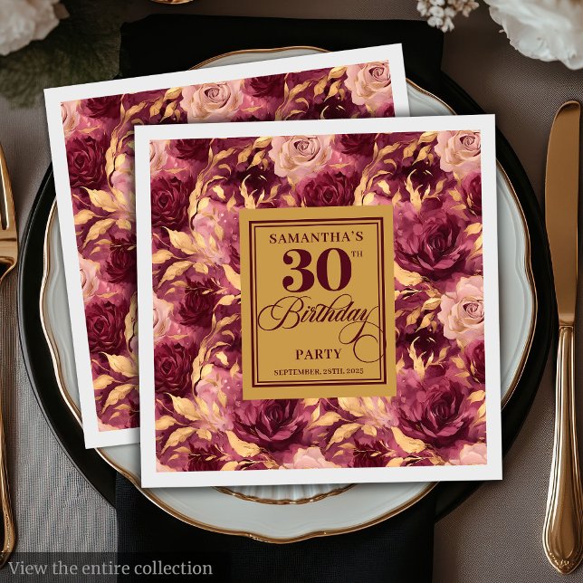 Guardanapo De Papel Elegante Burgundy Blush Dourado aniversário de 30  (Elegant Burgundy Blush Gold 30th Birthday Napkins)