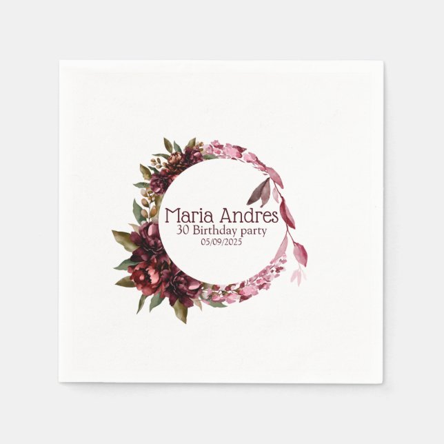 Guardanapo De Papel Elegante Burgundy Floral Birthday Napkin (Frente)