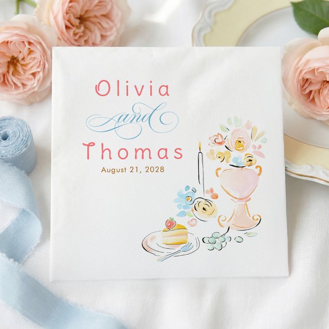 Guardanapo De Papel Elegante Chic Caprichoso Casamento Desenhado à Mão (Whimsical Pastel Wedding Napkins)