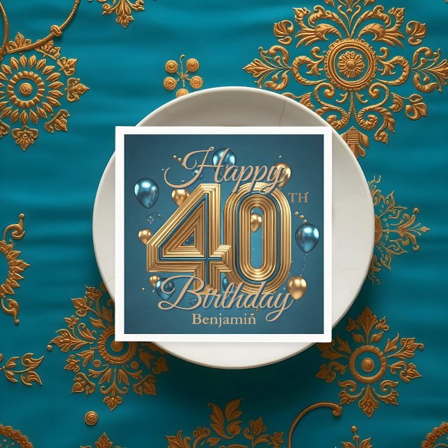 Guardanapo De Papel Elegante Chic Luxurioso Azul e Dourado aniversário (Criador carregado)