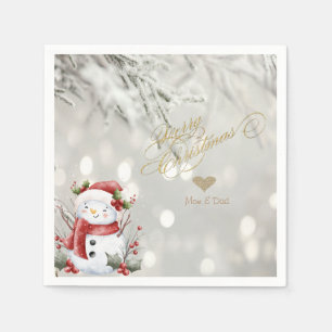 Guardanapo De Papel Elegante Coração de Brilho Dourado Boneco de Neve
