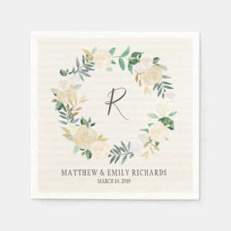 Guardanapo De Papel Elegante Cream Rosa Floral Wreath Monograma