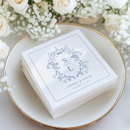Guardanapo De Papel Elegante Crista Monograma Barroco Azul Casamento