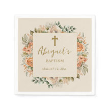Elegante Cruz Pêssego Creme Floral Batizado Menina