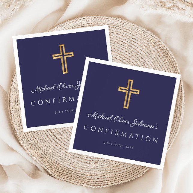 Guardanapo De Papel Elegante Cruz Religiosa Azul Marinho Menino Confir (Elegant Navy Blue Religious Cross Boy Confirmation Napkins)