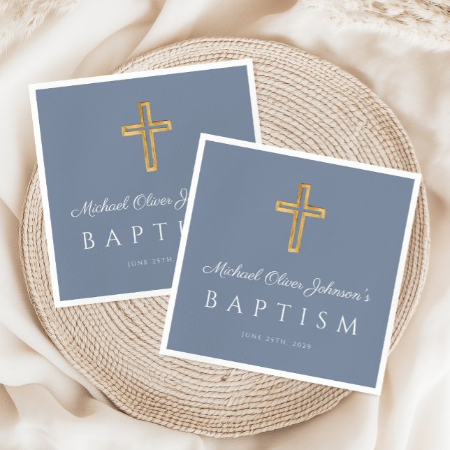 Guardanapo De Papel Elegante Cruz Religiosa Dusty Blue Boy Baptism (Elegant Religious Cross Dusty Blue Boy Baptism Napkins)