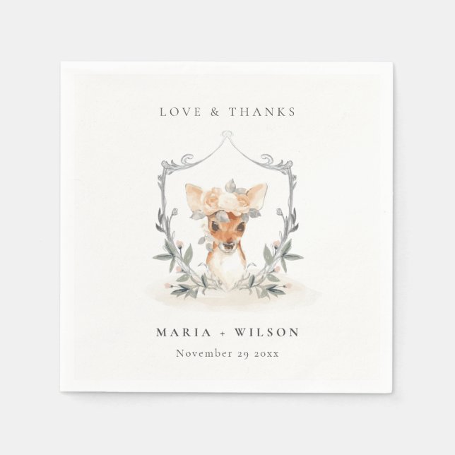 Guardanapo De Papel Elegante Cute Cervídeo Floral Brasão Casamento (Frente)