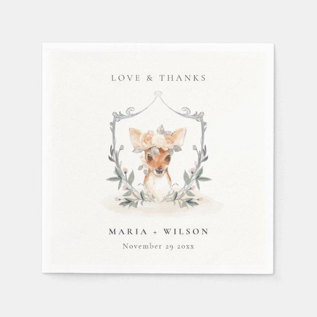 Guardanapo De Papel Elegante Cute Veado Floral Brasão Casamento (Frente)