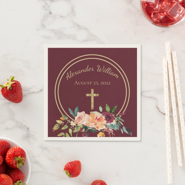 Guardanapo De Papel Elegante Dourado Burgundy Floral Baby Christening (Insitu)
