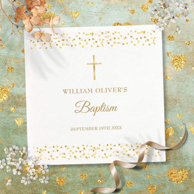 Guardanapo De Papel Elegante Dourado Coração Batismo Christening (Elegant Gold Hearts Baptism Christening Napkins)