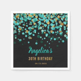 Guardanapo De Papel Elegante Dourado de Teal Confetti Black Birthday