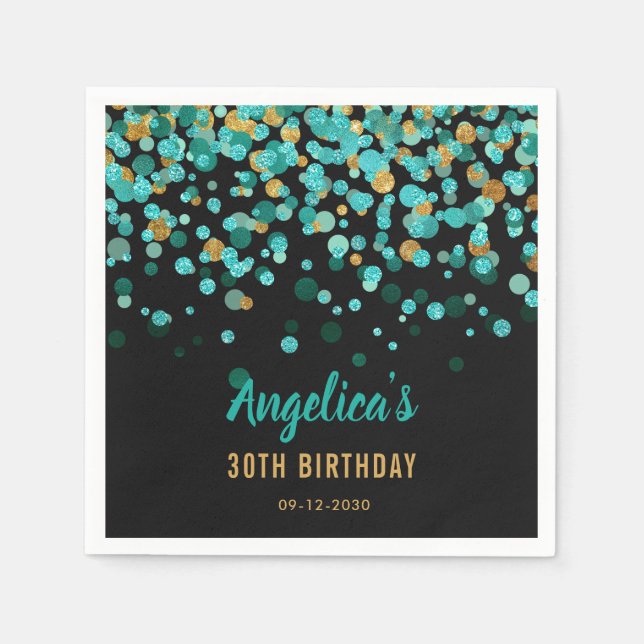 Guardanapo De Papel Elegante Dourado de Teal Confetti Black Birthday (Frente)
