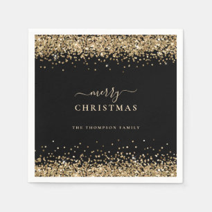 Guardanapo De Papel Elegante Dourado Glitter Black Name Feliz Natal