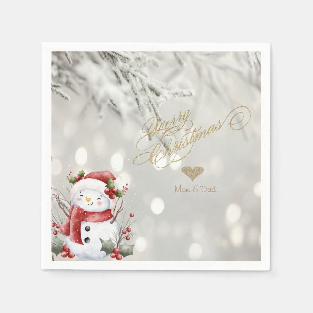 Guardanapo De Papel Elegante Dourado Glitter Heart Snowman (Frente)
