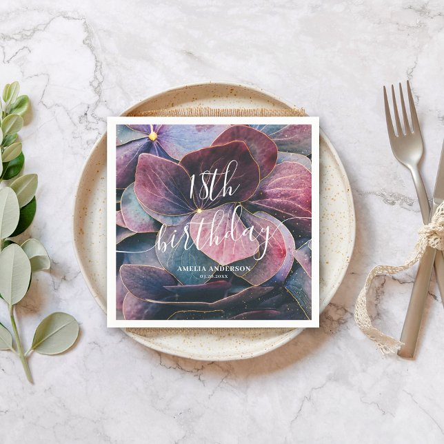 Guardanapo De Papel Elegante Dourado Roxo Azul Hydrangeas 18º Aniversá (Criador carregado)