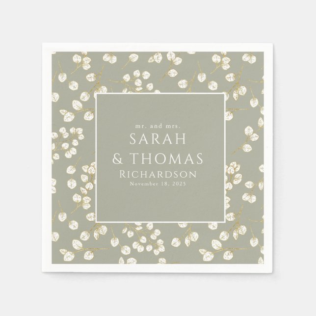 Guardanapo De Papel Elegante Dourado Sage Verde - Folhas de Eucalyptus (Frente)