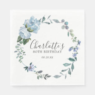 Guardanapo De Papel Elegante Dusty Blue Floral 80 de Aniversário Perso