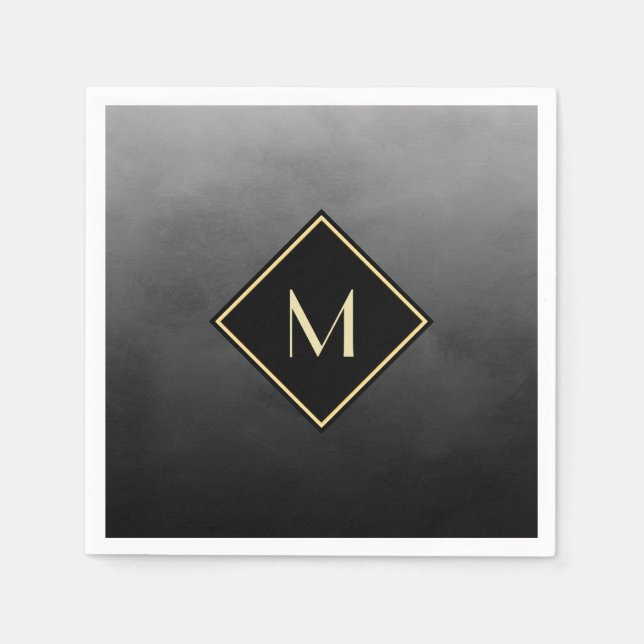 Guardanapo De Papel Elegante Esmagado Preto Com Simples Monograma Dour (Frente)