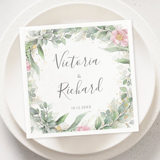 Guardanapo De Papel Elegante Eucalyptus Deixa Casamento Dourado Verde (Criador carregado)