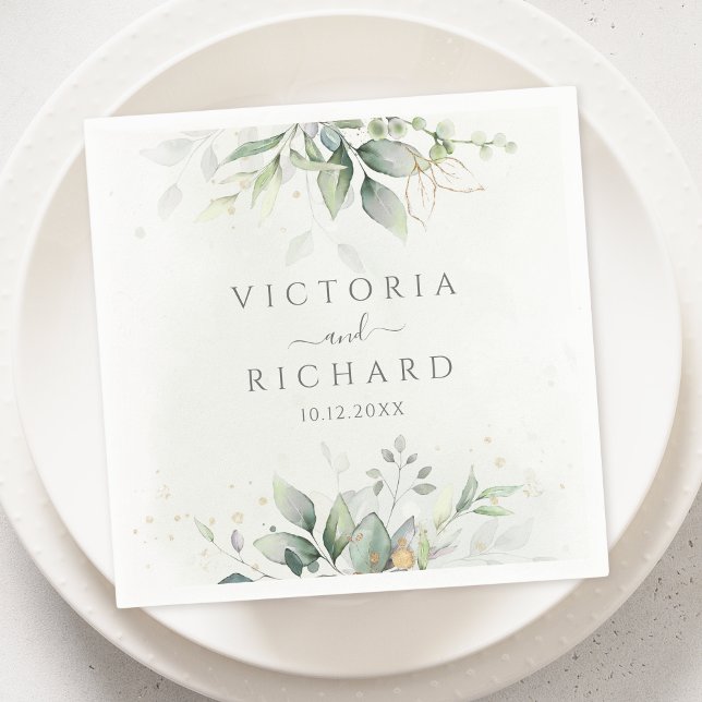Guardanapo De Papel Elegante Eucalyptus Deixa Casamento Dourado Verde (Criador carregado)