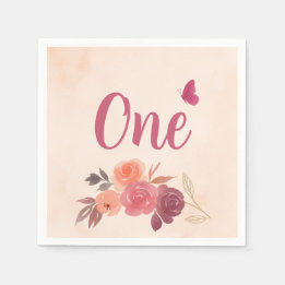 Guardanapo De Papel Elegante Floral de Aquarela Rosa Primeiro Aniversá