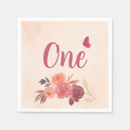 Guardanapo De Papel Elegante Floral de Aquarela Rosa Primeiro Aniversá
