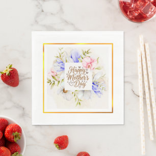 Guardanapo De Papel Elegante Floral Feliz Dia das Mães I Brilho Dourad