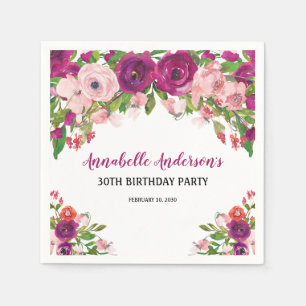 Guardanapo De Papel Elegante Floral Rosa Roxo Aniversário Aquarela