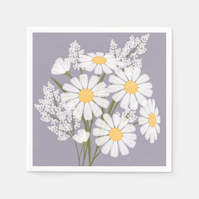 Guardanapo De Papel Elegante Floral White Daisies na Lavanda (Frente)