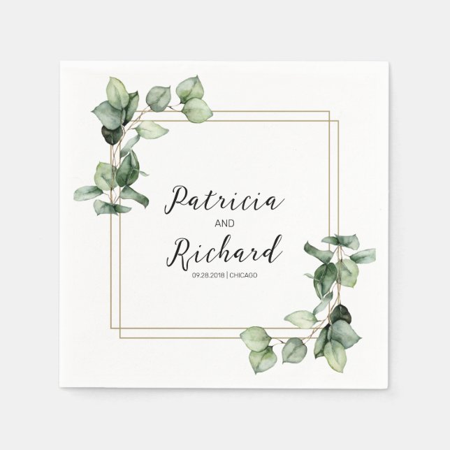 Guardanapo De Papel Elegante Frame Dourado Greenery Casamento Elegante (Frente)