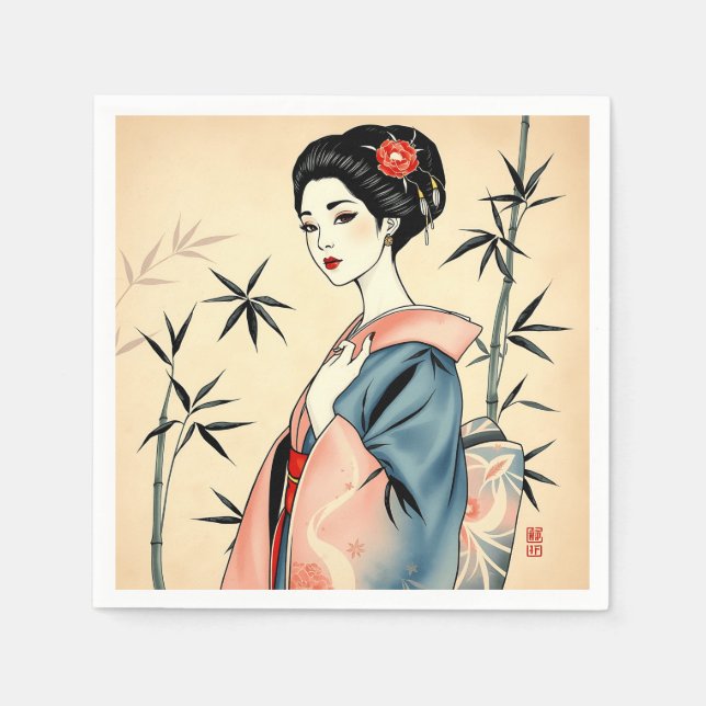 Guardanapo De Papel Elegante Geisha com Padrões de Bambu e Tinta (Frente)