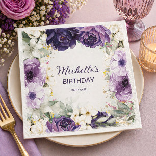 Guardanapo De Papel Elegante Glitter Floral Roxo Branco Aniversário No
