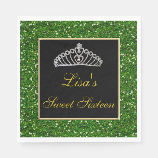 Guardanapo De Papel Elegante Glitter Verde Chic Tiara Sweet 16 (Frente)