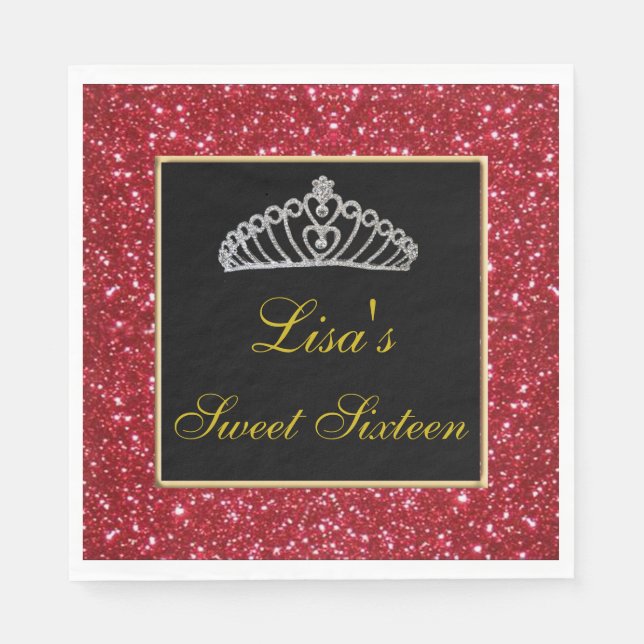 Guardanapo De Papel Elegante Glitter Vermelho Quic Tiara Sweet 16 (Frente)